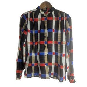 VTG 80 90 Liz Claiborne Blouse Womens Sz 8 Button Up Silky Artsy Quirky Abstract